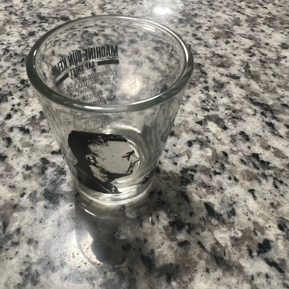 Machine Gun Kelly vintage rap sheet.  Black and Clear Shot Glass. Gangsters.